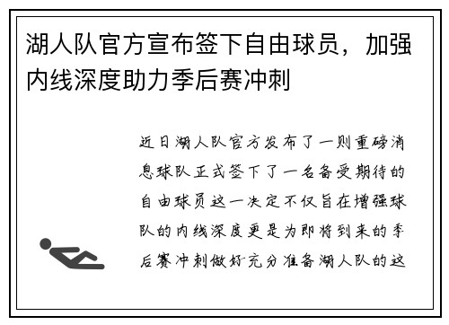 湖人队官方宣布签下自由球员，加强内线深度助力季后赛冲刺
